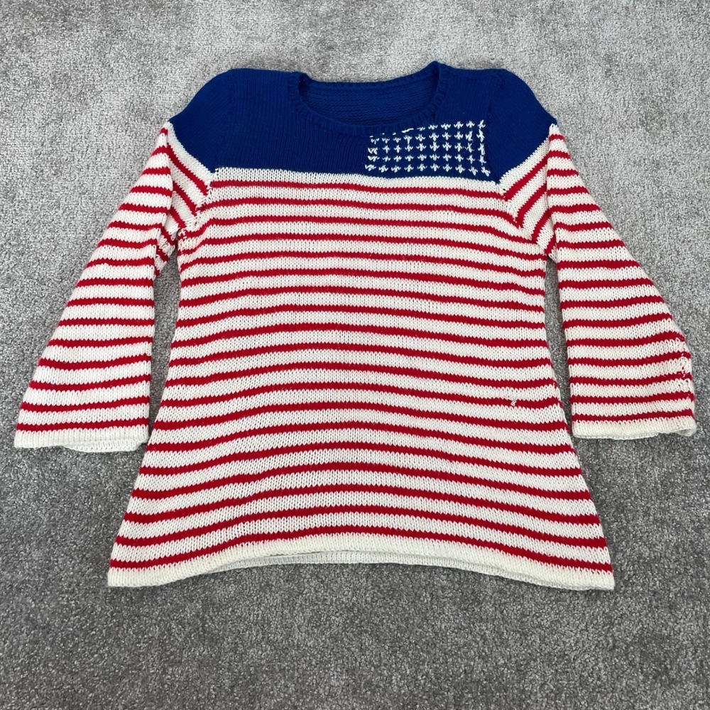 American Flag Knit Sweater Womens Small Nautical 3/4 Bell Sleeve 4th of July‎